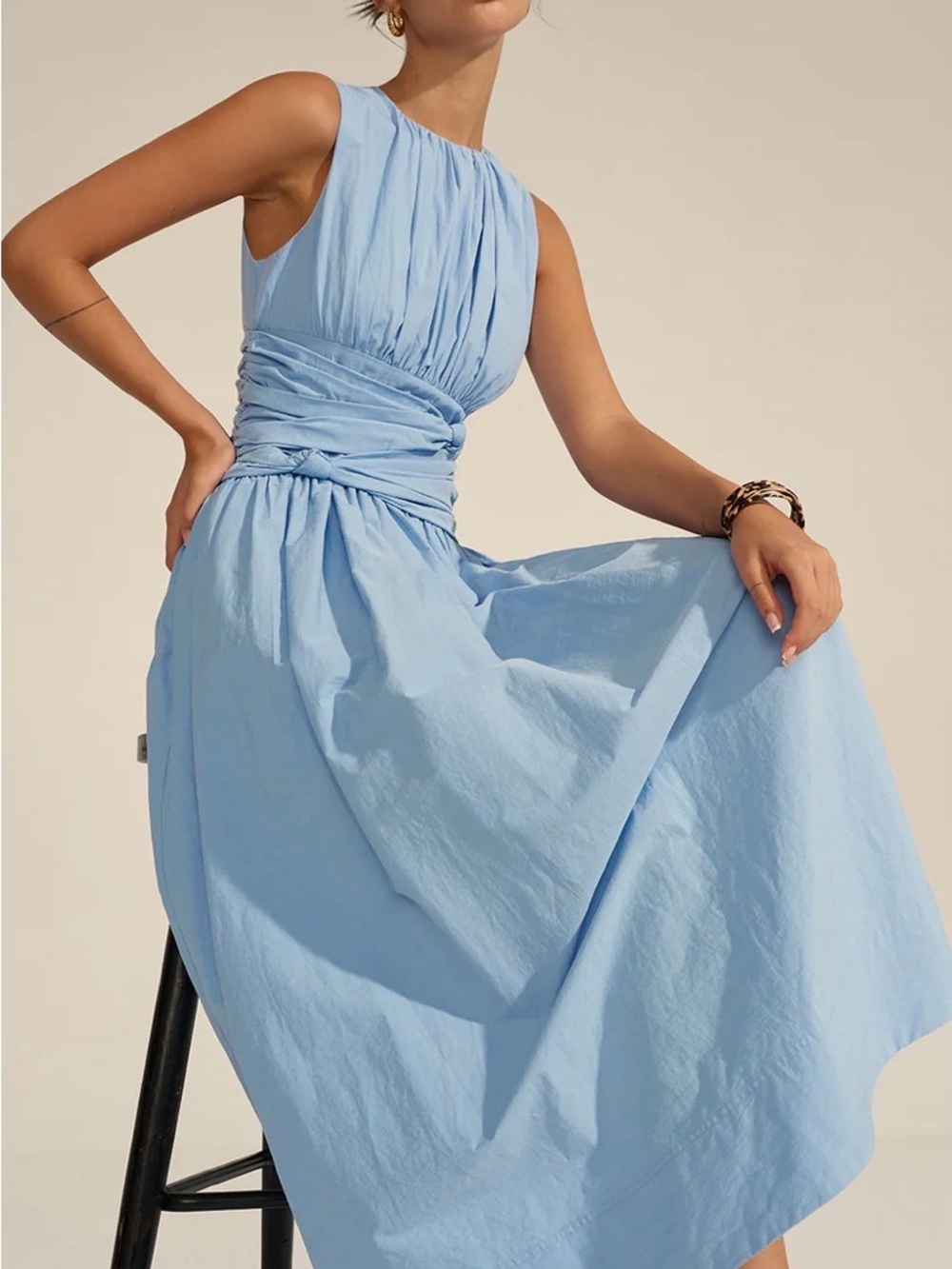 Commense Sky Blue Sleeveless Ruched Waist Maxi Dress